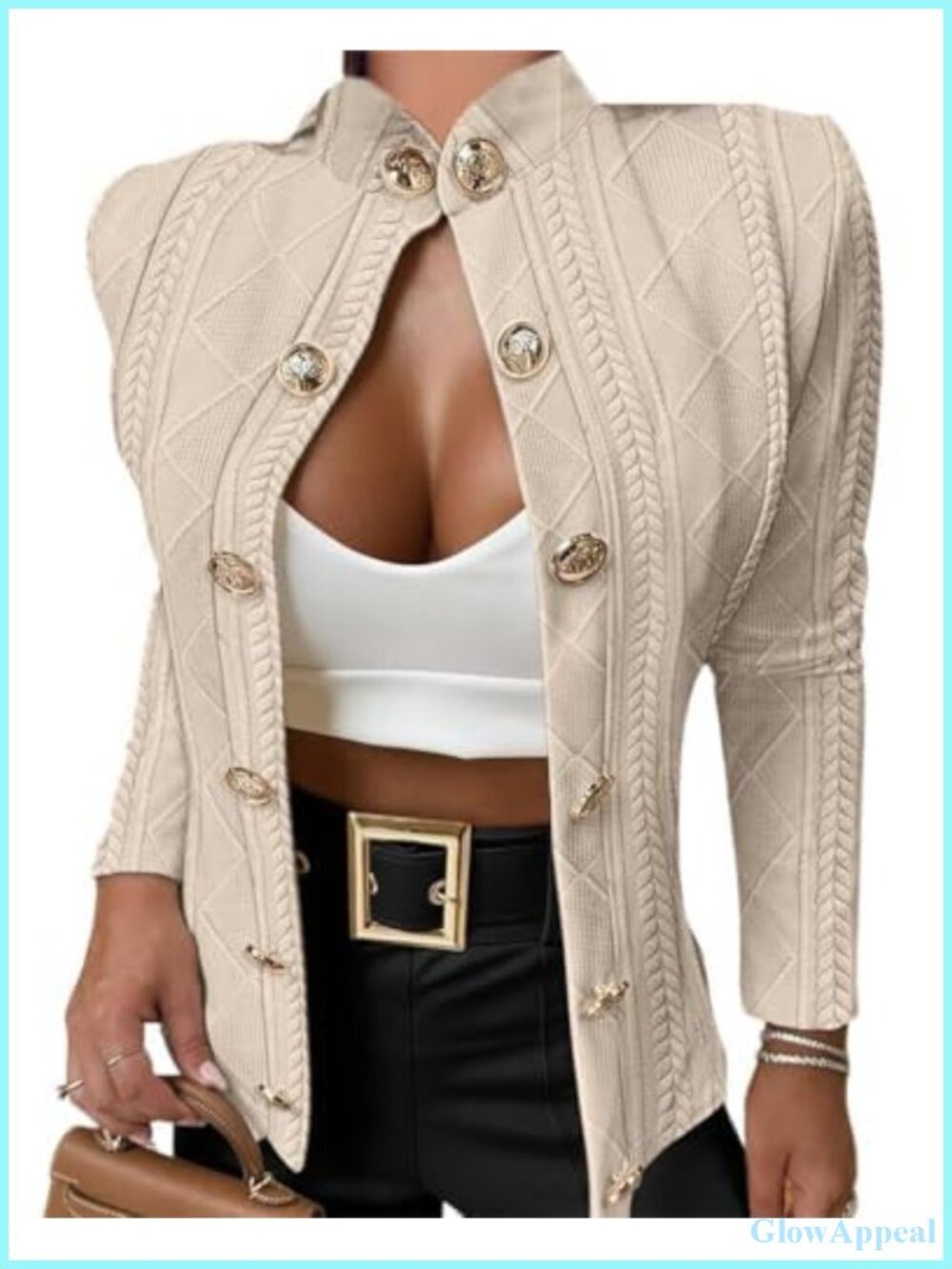 Argyle Cable Knit Cropped Jacket Stand Collar Button Up Cardigan